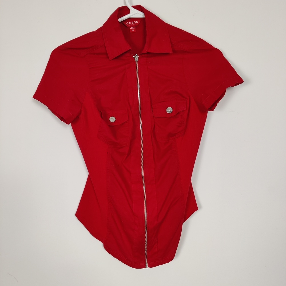 Guess Red Zip Front Fitted Top XS Ribbed Cotton Gorpcore Y2K